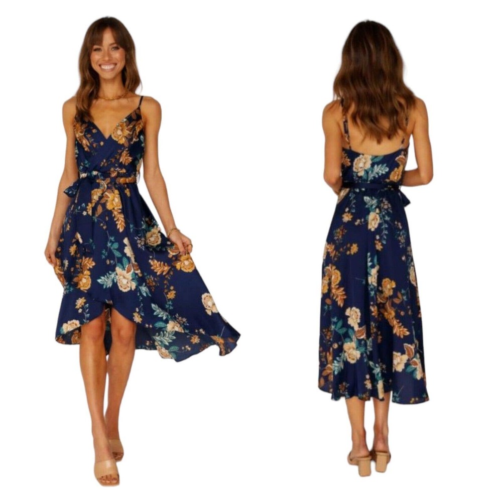 Hello Molly Womens Dress Falling in Style Midi Blue Floral Satin V Neck Size 8 M
